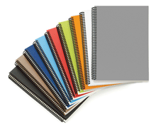 grey, white, green, blue, red, black and orange spiral notebooks