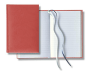 burnt orange faux leather writing journal with blue and grey ribbon page markers