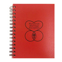 spiral journal with an opaque red poly cover customized with the Marriage Encounter logo