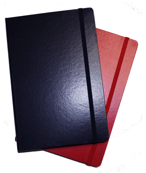 red and blue hardcover journal books with elastic closures
