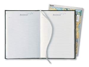hard cover travel journal with world maps and ribbon page marker