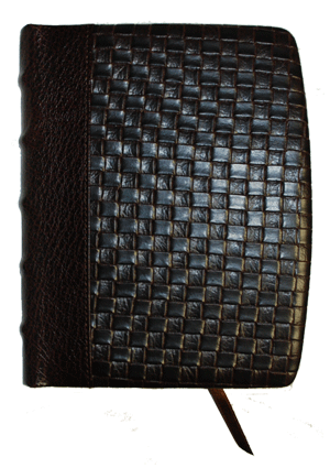 dark brown woven-texture leather journal with Italian-style hubbed spine